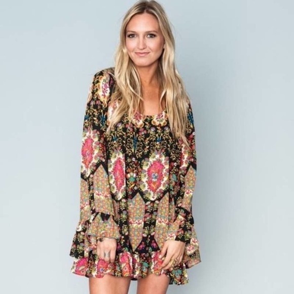 Show Me Your Mumu Margot Mini Dress Merry Marigold Mini Bell Sleeves Size Small - Picture 2 of 10